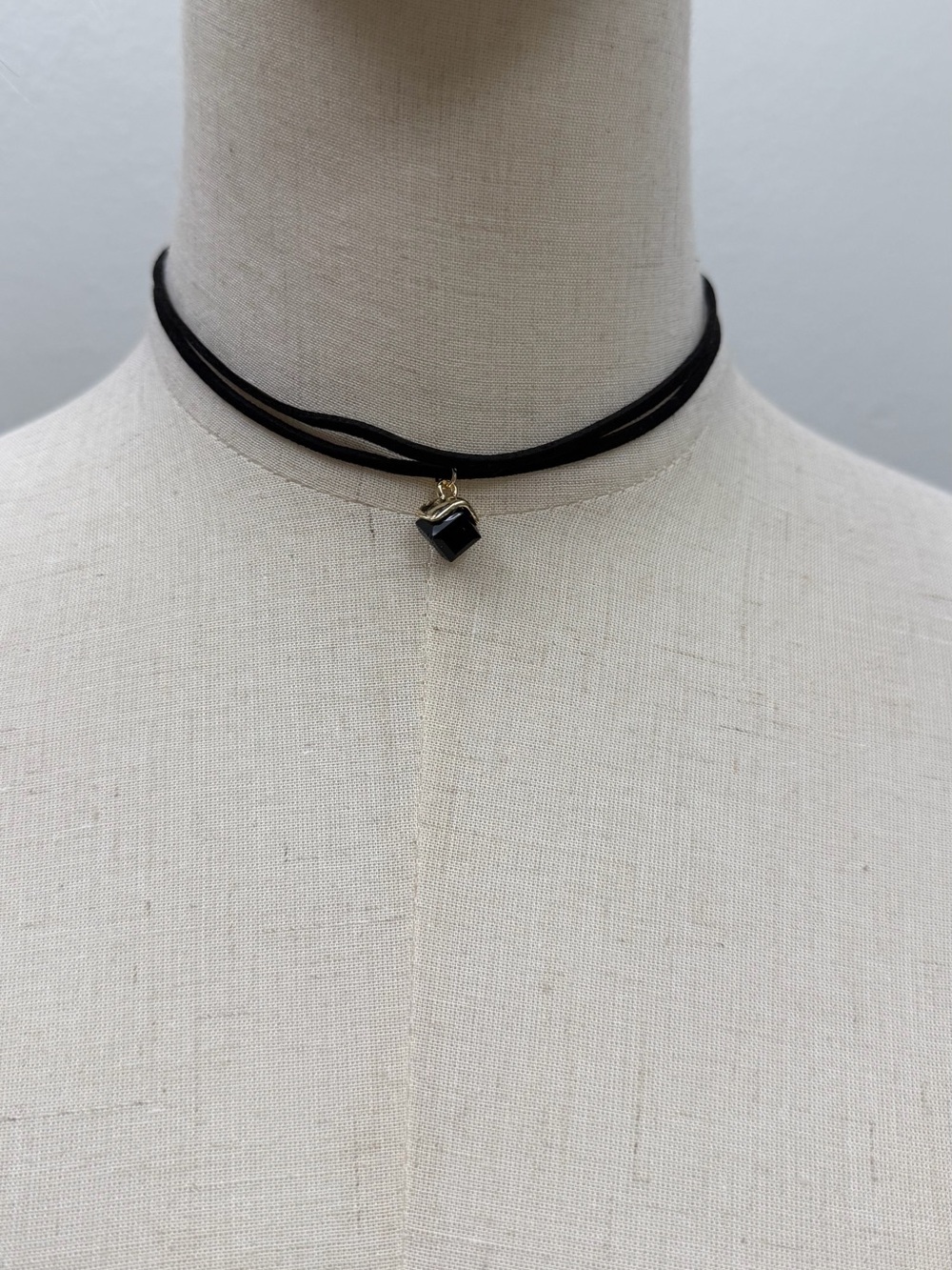 Black Velvet Double Strand Choker Necklace with Black Crystal Charm